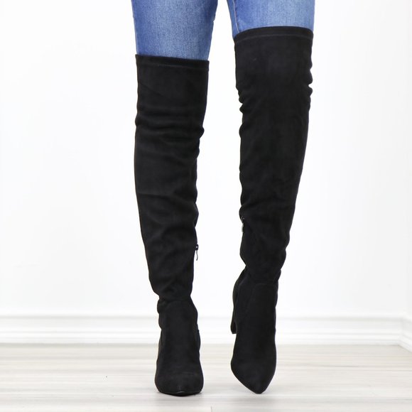 Black Thigh High Over The Knee  Block High Heel Boots Pointy Toe Faux Suede - Picture 11 of 15